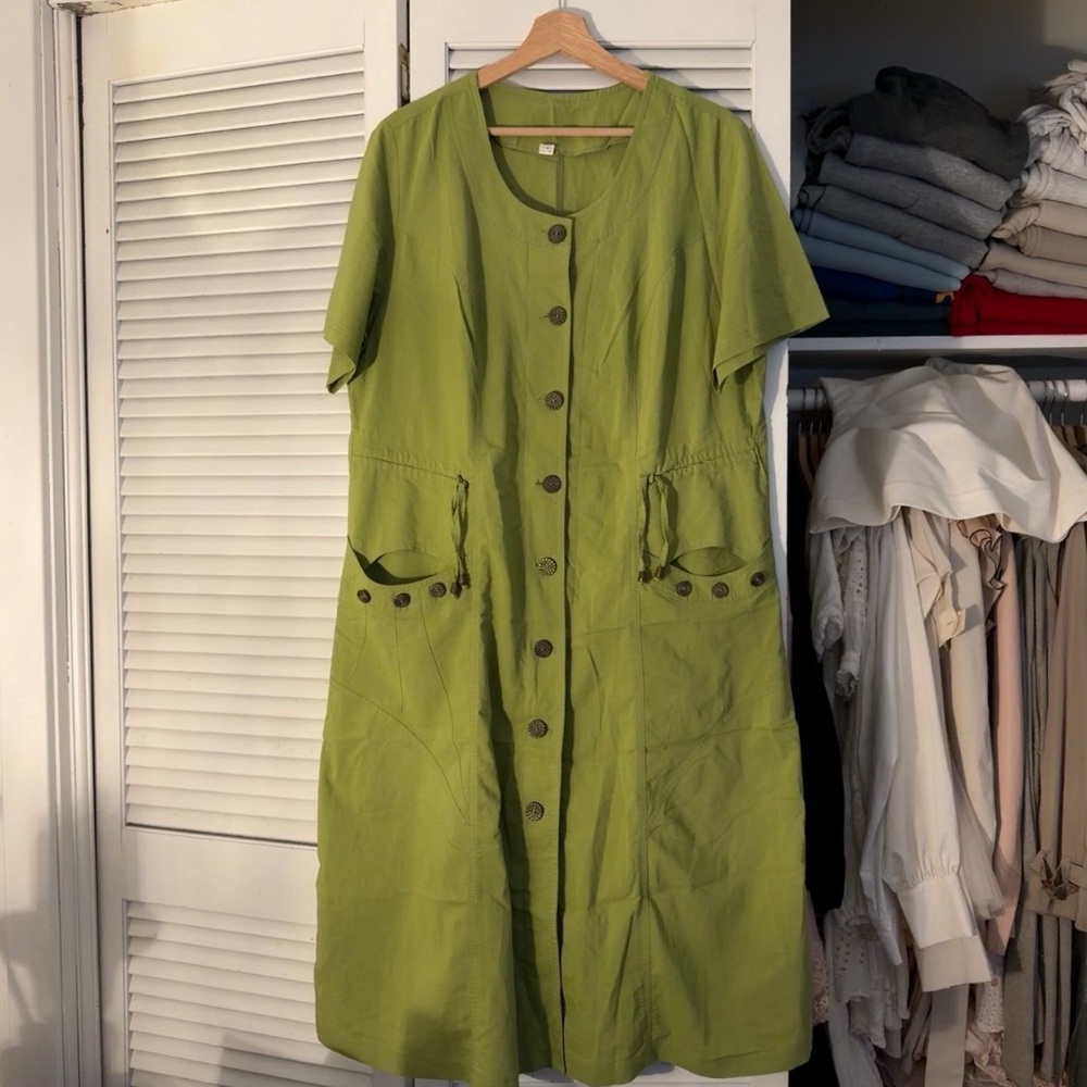 Vintage Cotton Blend Button-Front Midi Dress | Green | L/XL | Y2K